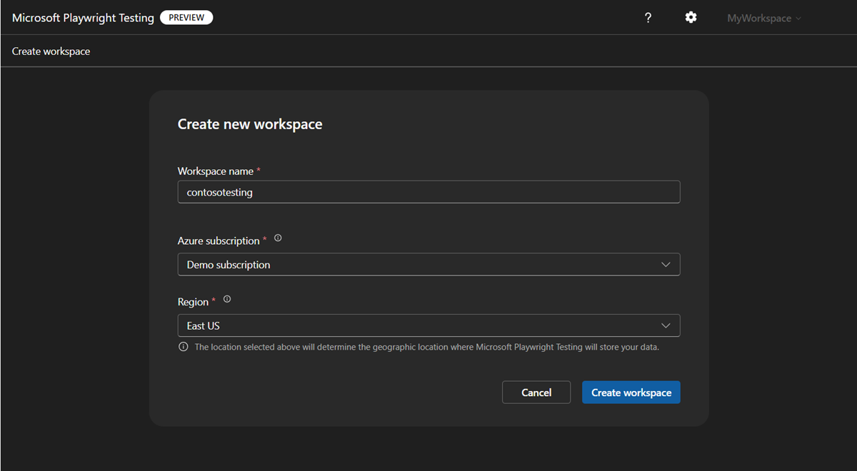 该屏幕截图显示了 Playwright 门户中的“创建工作区”页面。