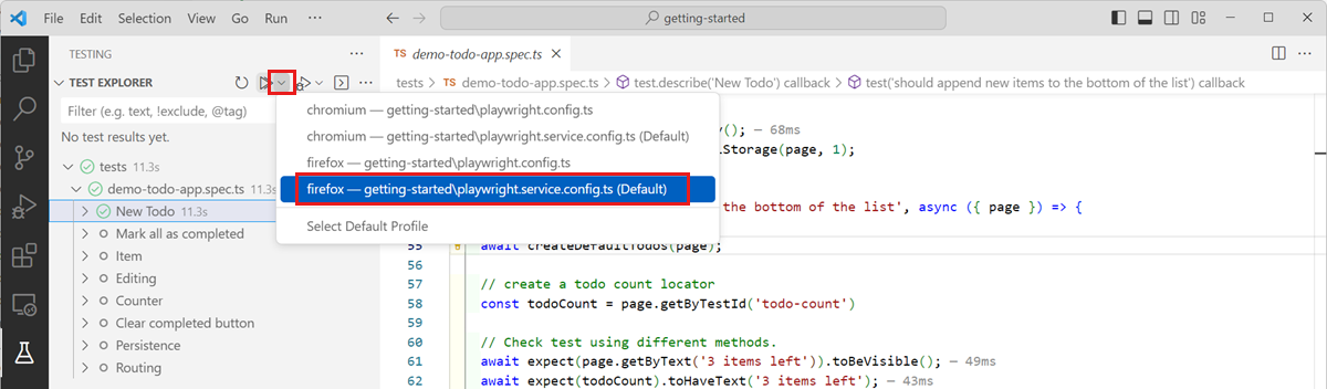 该屏幕截图显示了如何通过选择 Visual Studio Code 中的项目来运行特定浏览器配置的所有测试。