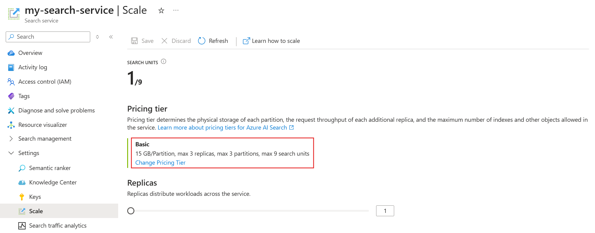 Azure 门户中“更改定价层”按钮的屏幕截图。