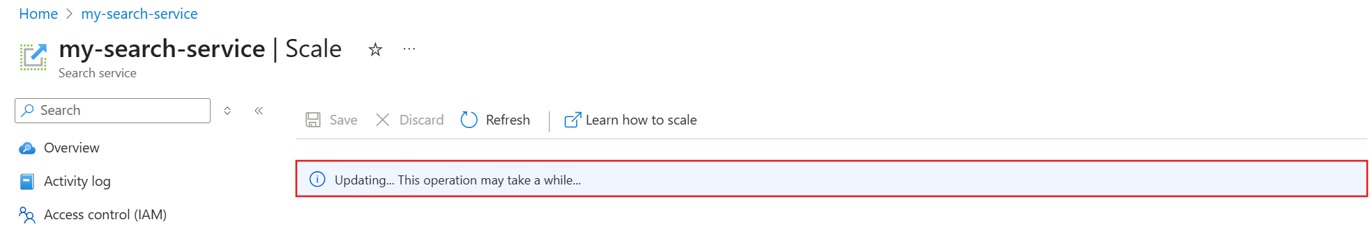 Azure 门户中更新消息的屏幕截图。