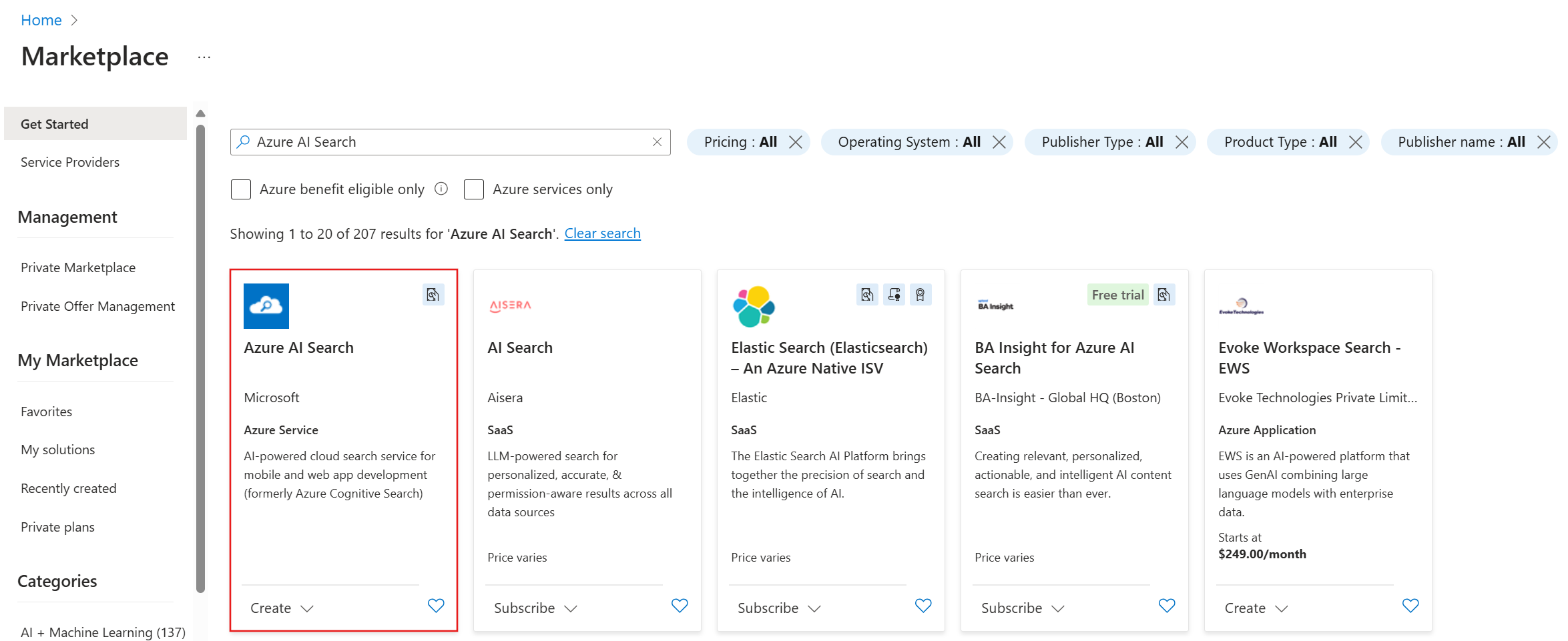 Azure 门户中 Azure AI 搜索磁贴的屏幕截图。