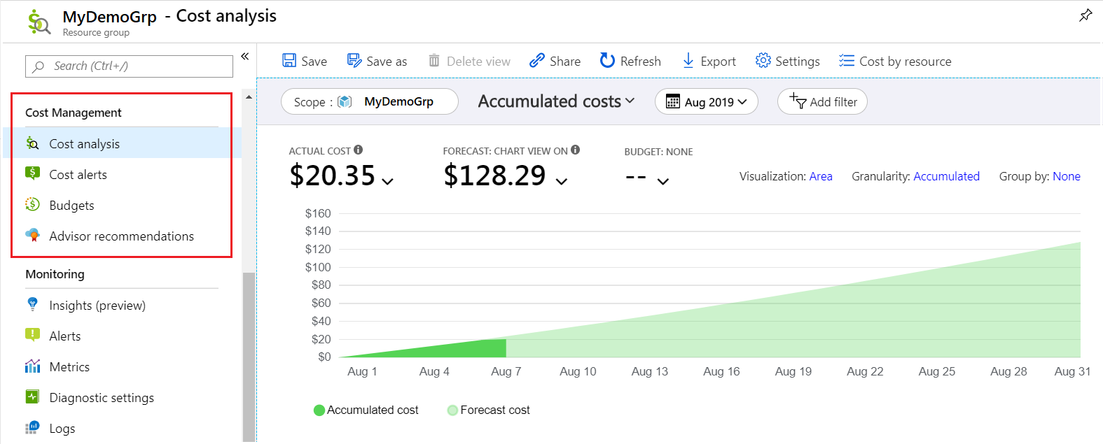 Azure 门户中“成本管理”页的屏幕截图。