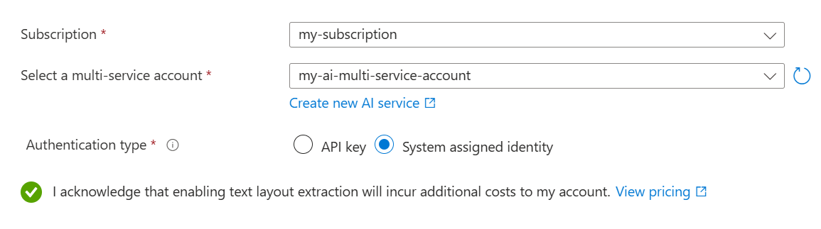 向导页的屏幕截图,其中选择了 Azure AI 文档智能的配置选项。
