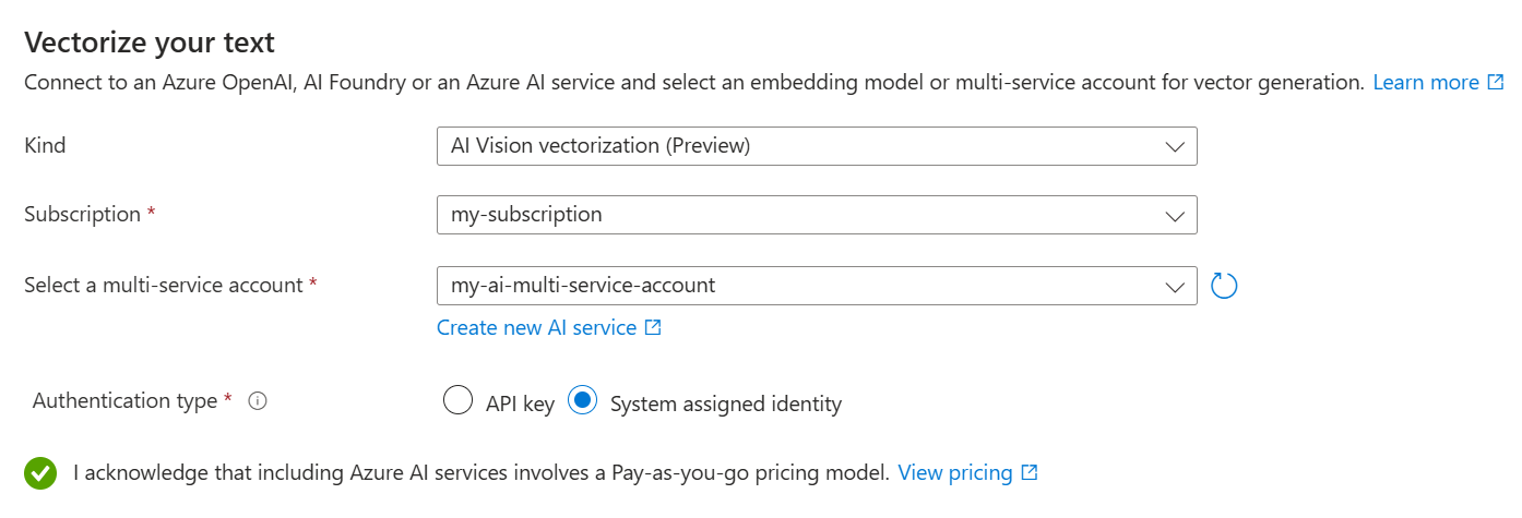 向导中“使用 Azure AI 视觉矢量化文本”页的屏幕截图。