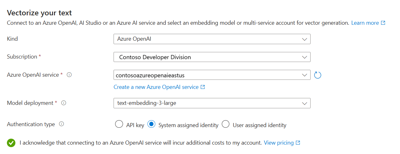 向导中“使用 Azure OpenAI 矢量化文本”页的屏幕截图。