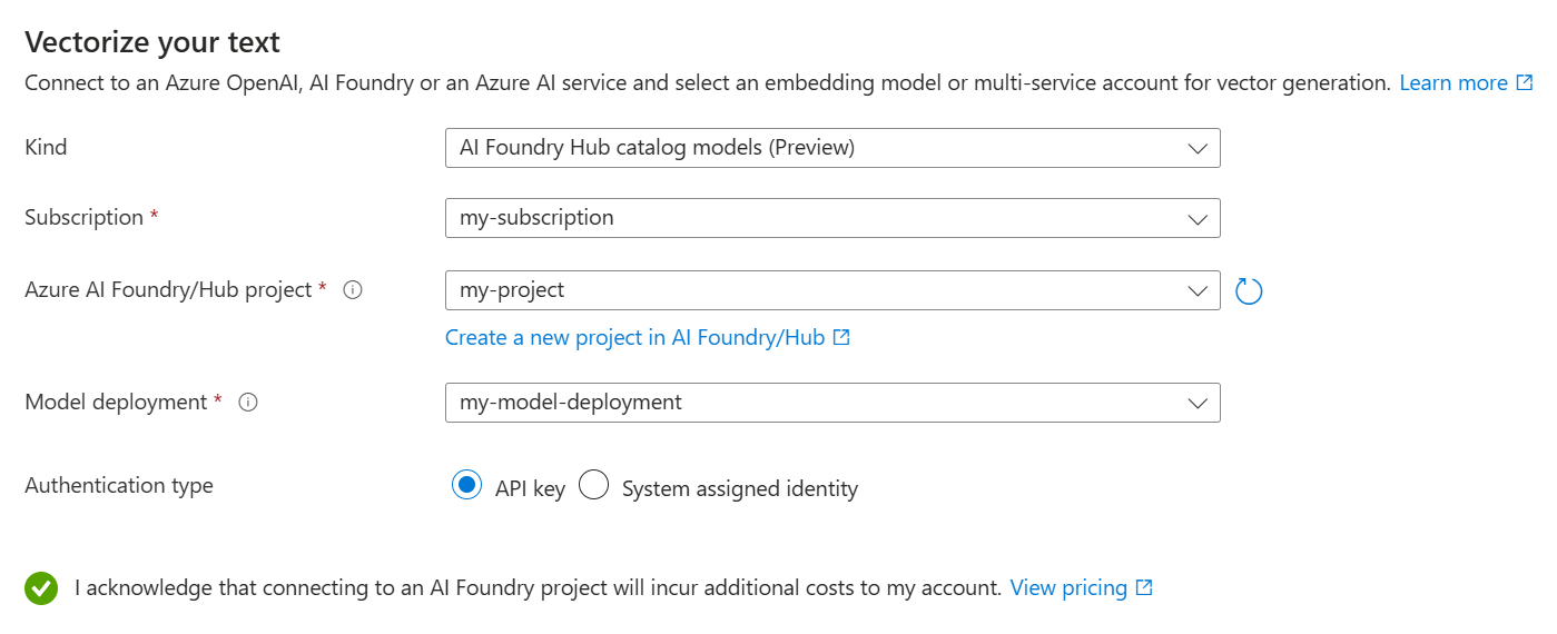 向导中“使用 Azure AI Foundry 模型目录矢量化文本”页的屏幕截图。
