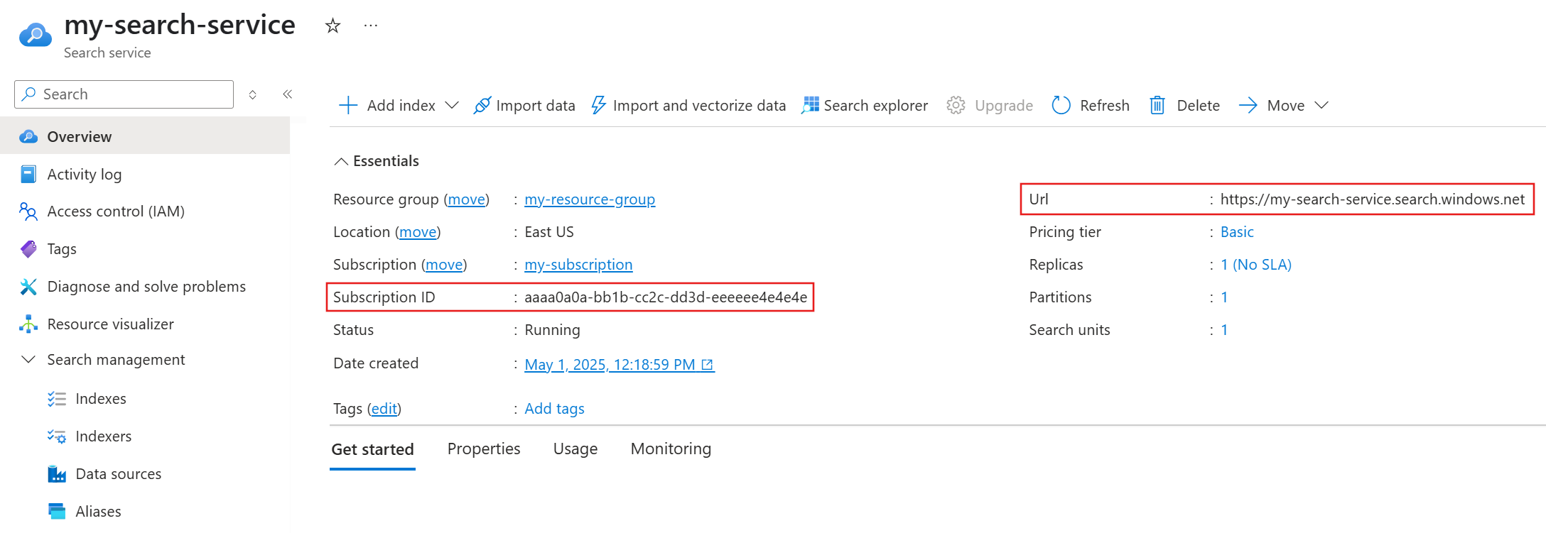 Azure 门户中订阅 ID 和终结点的屏幕截图。
