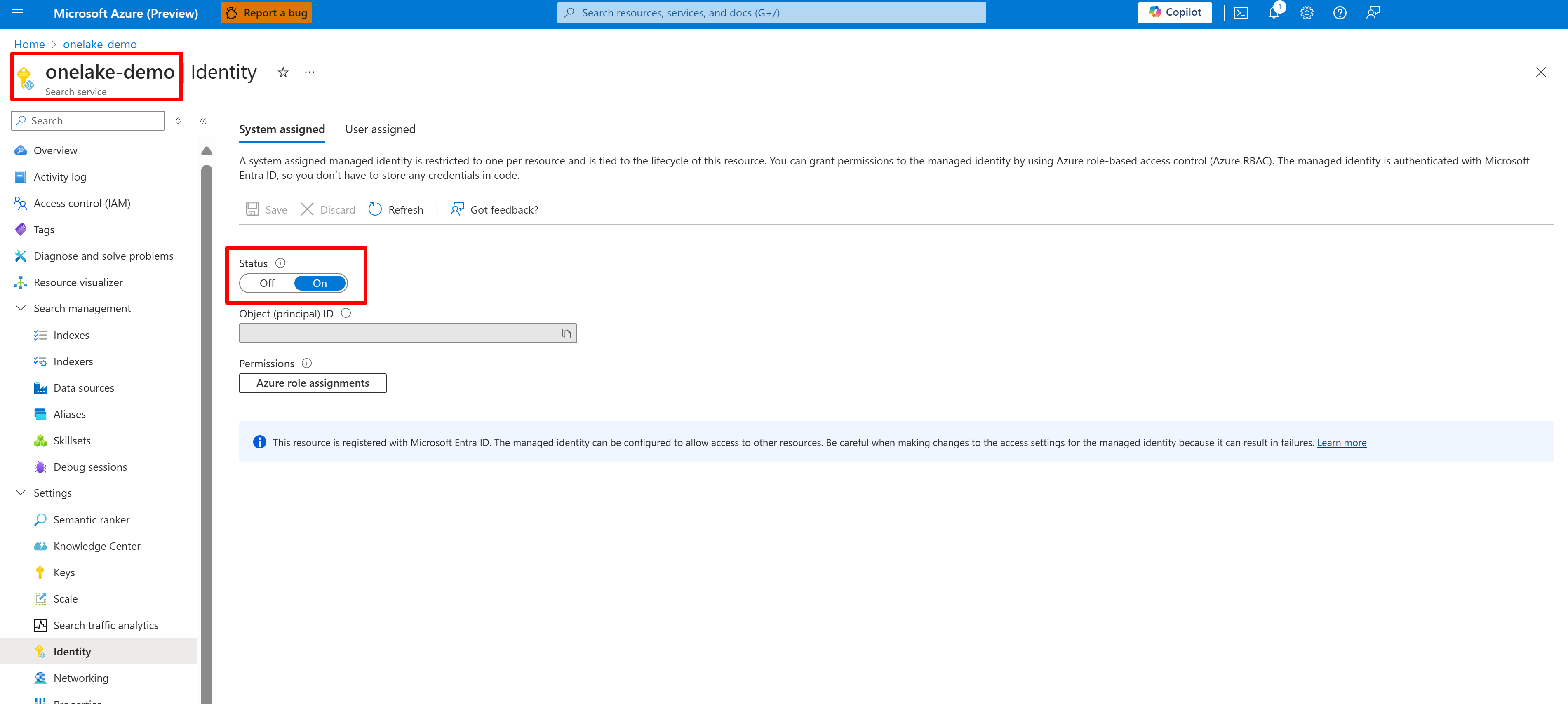 显示 Azure 门户中搜索服务系统标识的屏幕截图。