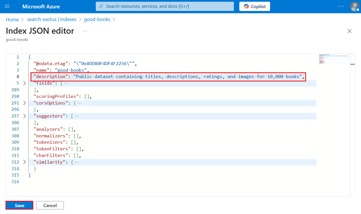 Azure 门户中索引的 JSON 定义的屏幕截图。