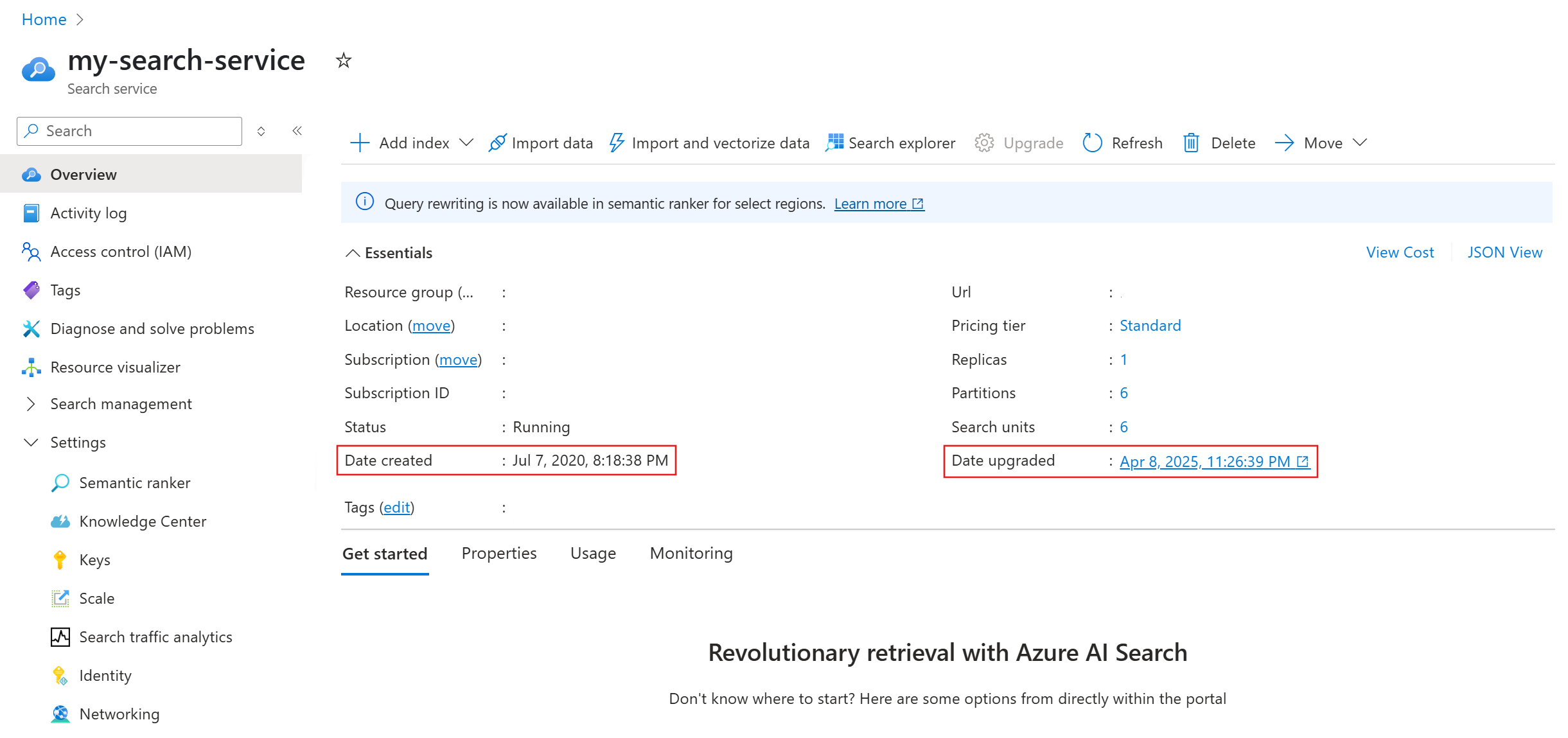 Azure 门户中服务创建和服务升级日期的屏幕截图。