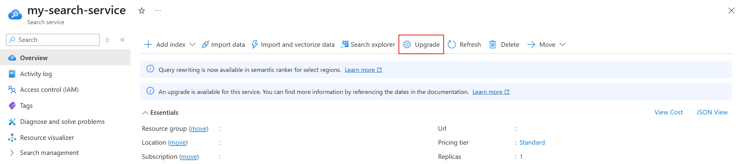 Azure 门户中命令栏上的“升级”按钮的屏幕截图。
