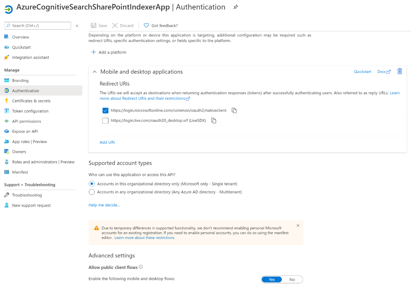 显示Microsoft Entra 应用身份验证配置的屏幕截图。