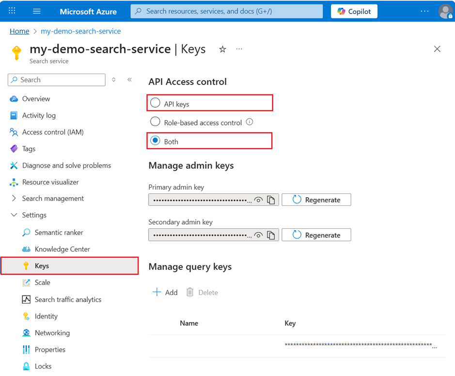 Azure 门户中“密钥”页的屏幕截图。