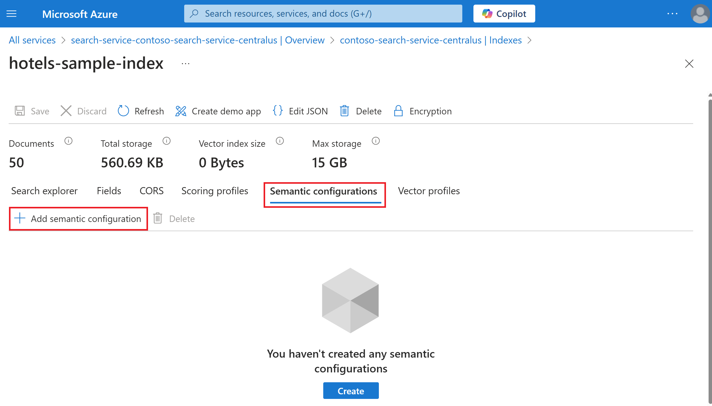 显示用于在 Azure 门户中添加语义配置的选项的屏幕截图。