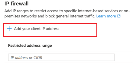 显示如何在 Azure 门户中配置 IP 防火墙的屏幕截图。