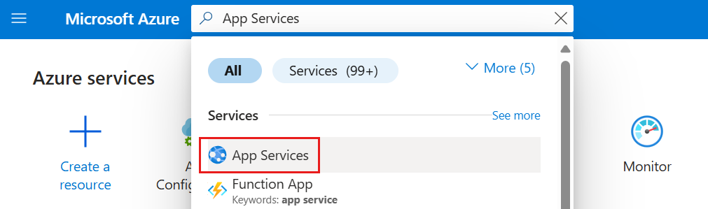 Azure 门户的屏幕截图,其中选择了“应用服务”。