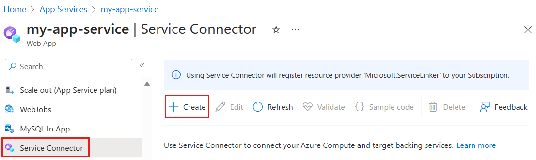 Azure 门户的屏幕截图,其中选择服务连接器并新建连接。
