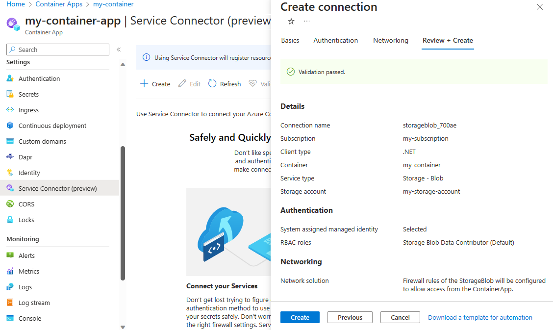 Azure 门户的屏幕截图,其中显示了容器应用连接验证。
