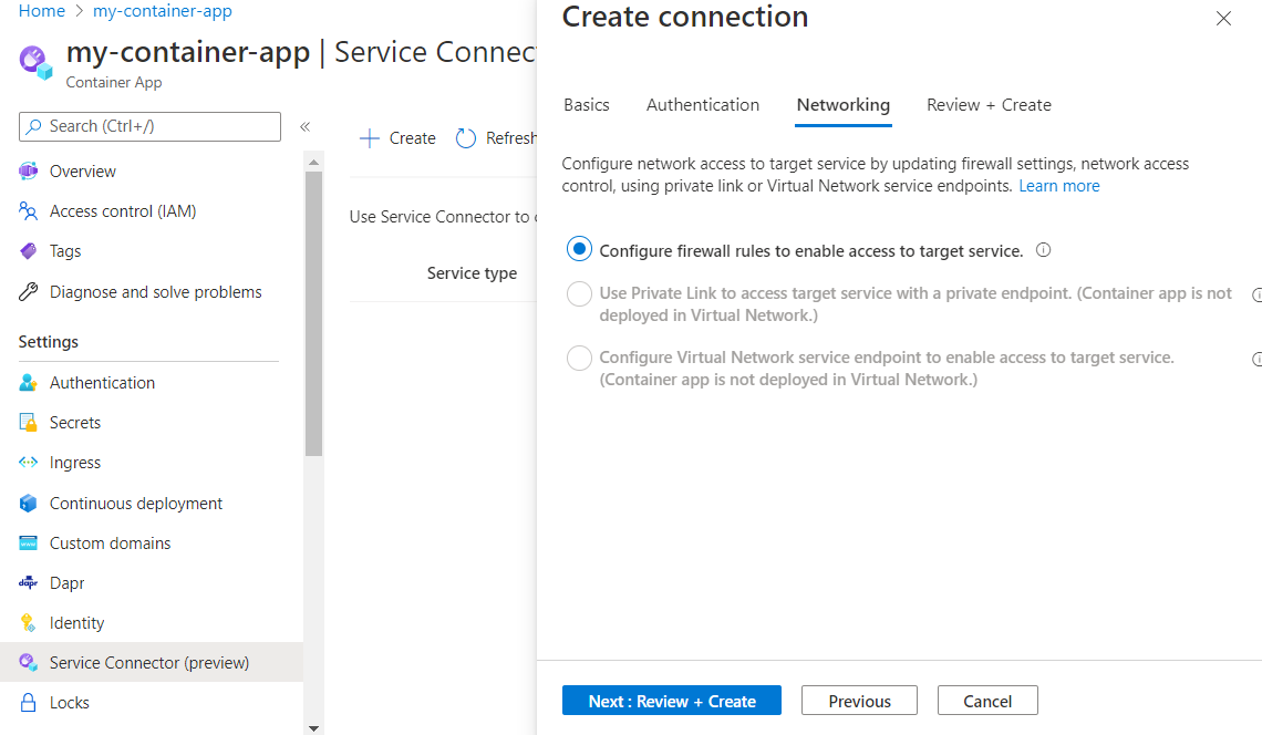 Azure 门户的屏幕截图,其中已设置连接网络。