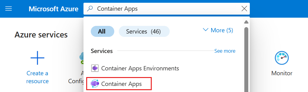 Azure 门户的屏幕截图,其中选择了“容器应用”。