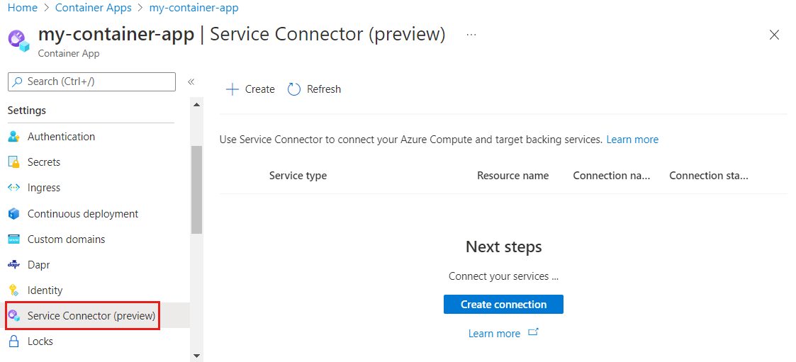 Azure 门户的屏幕截图,其中选择服务连接器并新建连接。