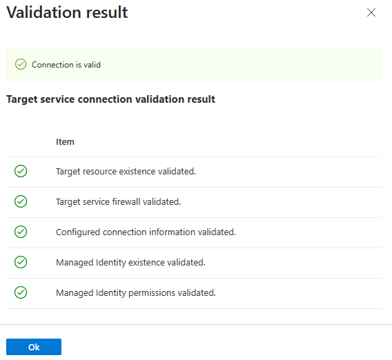 Azure 门户的屏幕截图,其中获取了连接验证结果。