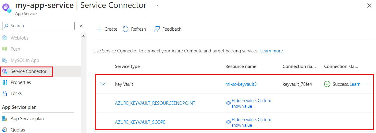 Azure 门户的屏幕截图,其中显示了服务连接详细信息。