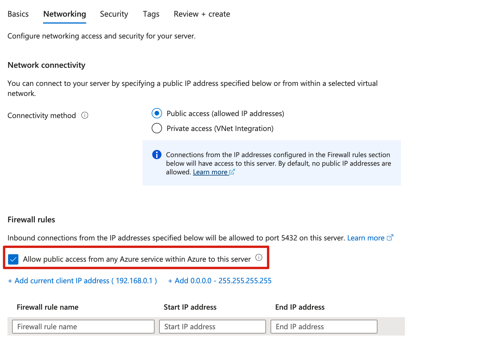 Azure 门户的屏幕截图,其中显示了“网络”选项卡。