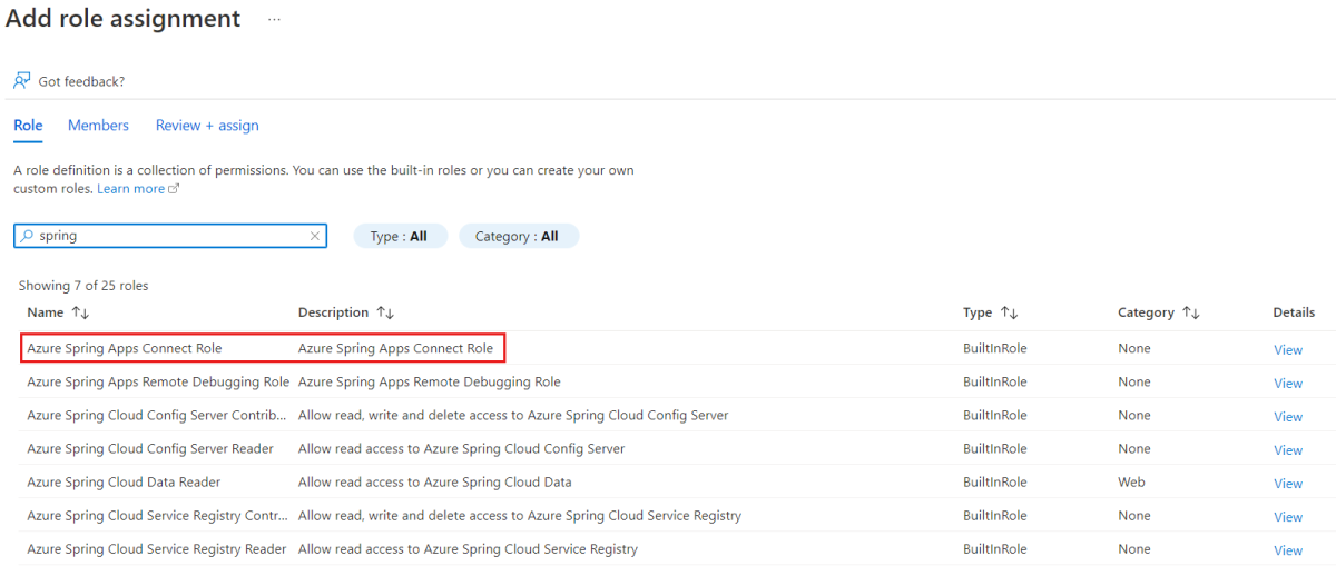 “添加角色分配”页的屏幕截图,其中显示了“Azure Spring Apps 连接角色”。