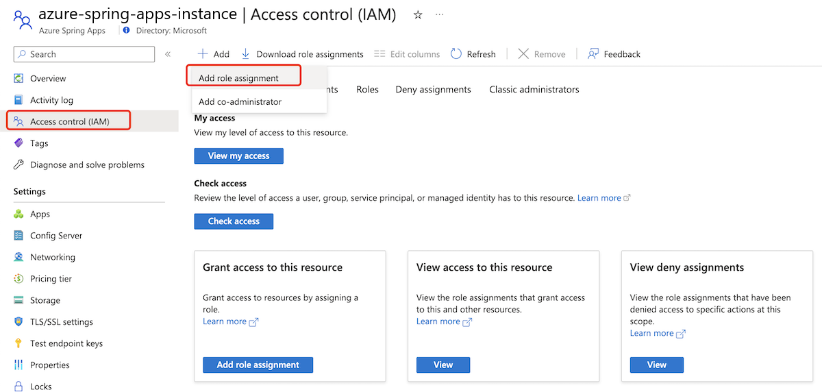 Azure 门户中 Azure Spring Apps 实例的“访问控制 (IAM)”页的屏幕截图,其中突出显示了“添加角色分配”选项。
