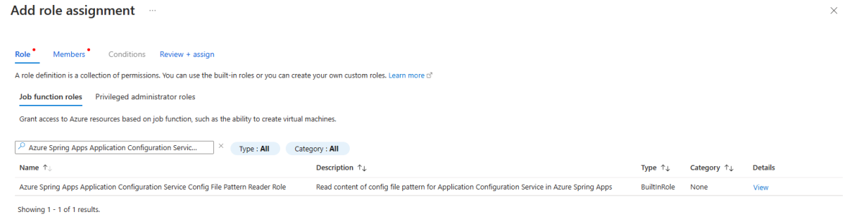 Azure 门户中 Azure Spring Apps 实例的“添加角色分配”页的屏幕截图,其中突出显示了 Azure Spring Apps 应用程序配置服务配置文件模式读者角色。