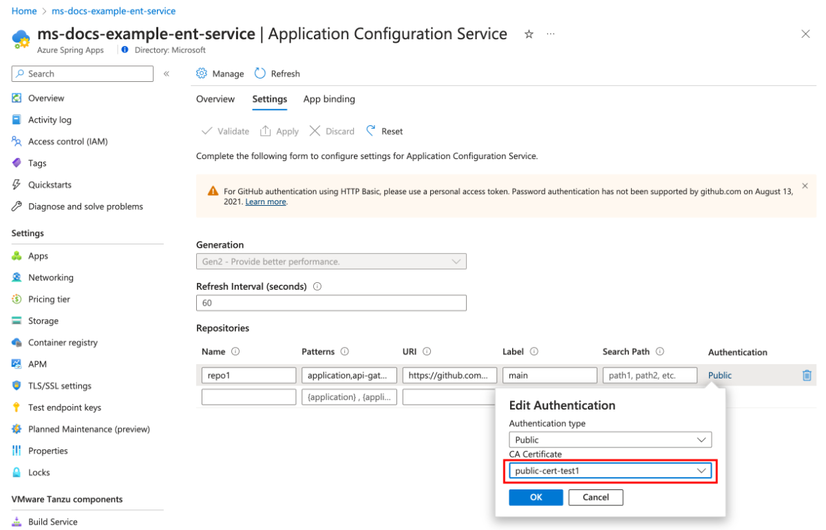 Azure 门户中“应用程序配置服务”页的屏幕截图,其中显示了“设置”选项卡。