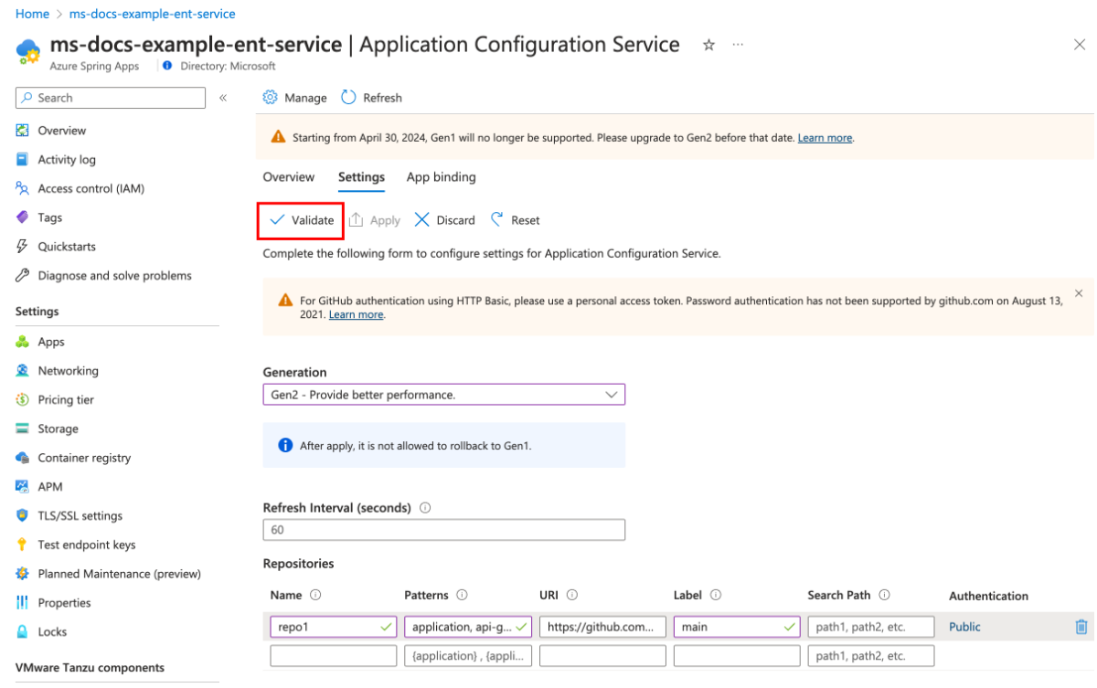 Azure 门户中“应用程序配置服务”页的屏幕截图,其中突出显示了“设置”选项卡和“验证”按钮。