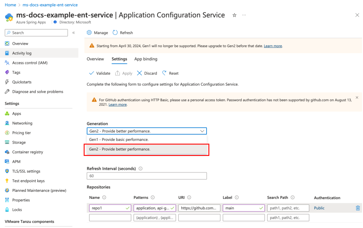 Azure 门户中“应用程序配置服务”页的屏幕截图,其中显示了“设置”选项卡并打开了“生成”菜单。
