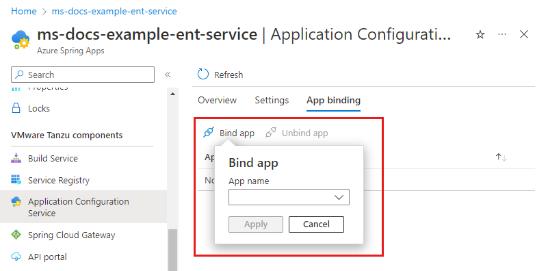 Azure 门户中“应用程序配置服务”页的屏幕截图,其中突出显示了“应用程序绑定”选项卡。
