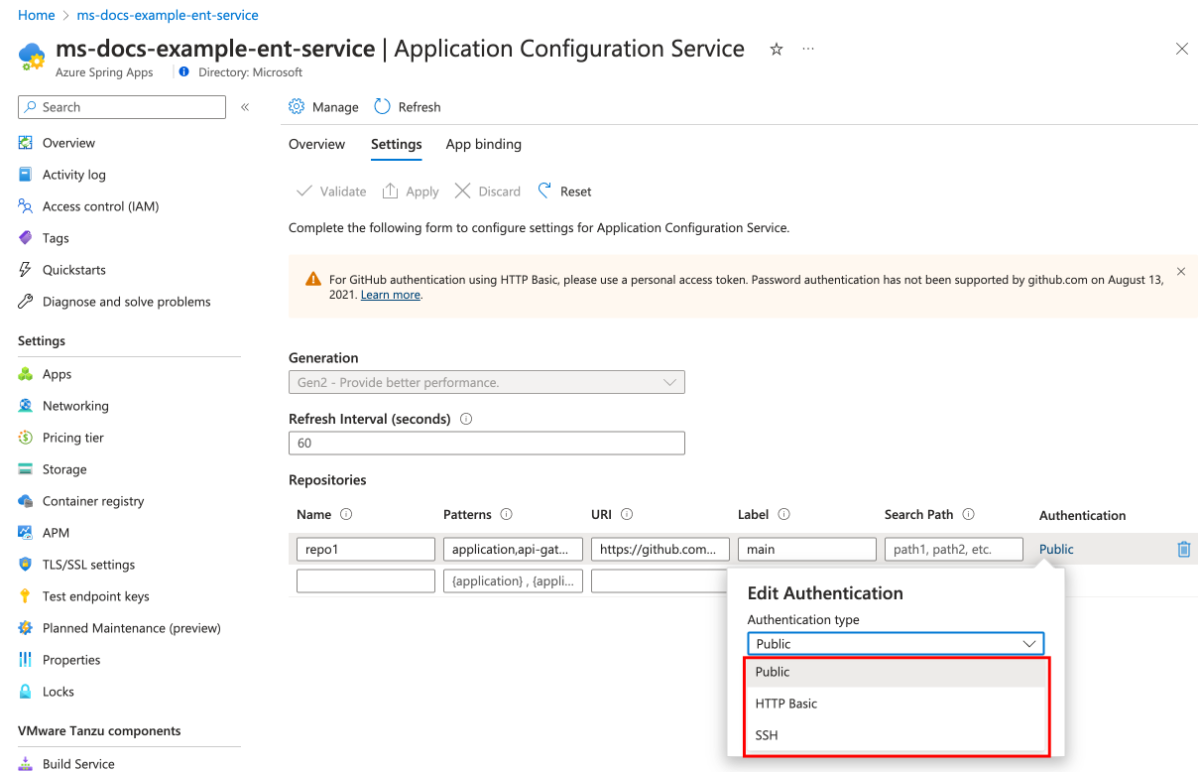 Azure 门户中“应用程序配置服务”页的屏幕截图,其中突出显示了“身份验证类型”菜单。