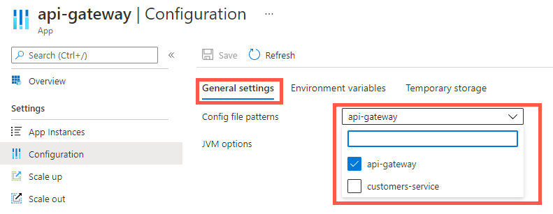 Azure 门户中“应用程序配置”页的屏幕截图,其中突出显示了“常规设置”选项卡和 api-gateway 的选项。
