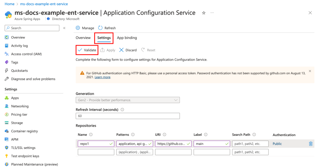Azure 门户中“应用程序配置服务”页的屏幕截图,其中突出显示了“设置”选项卡和“验证”按钮。