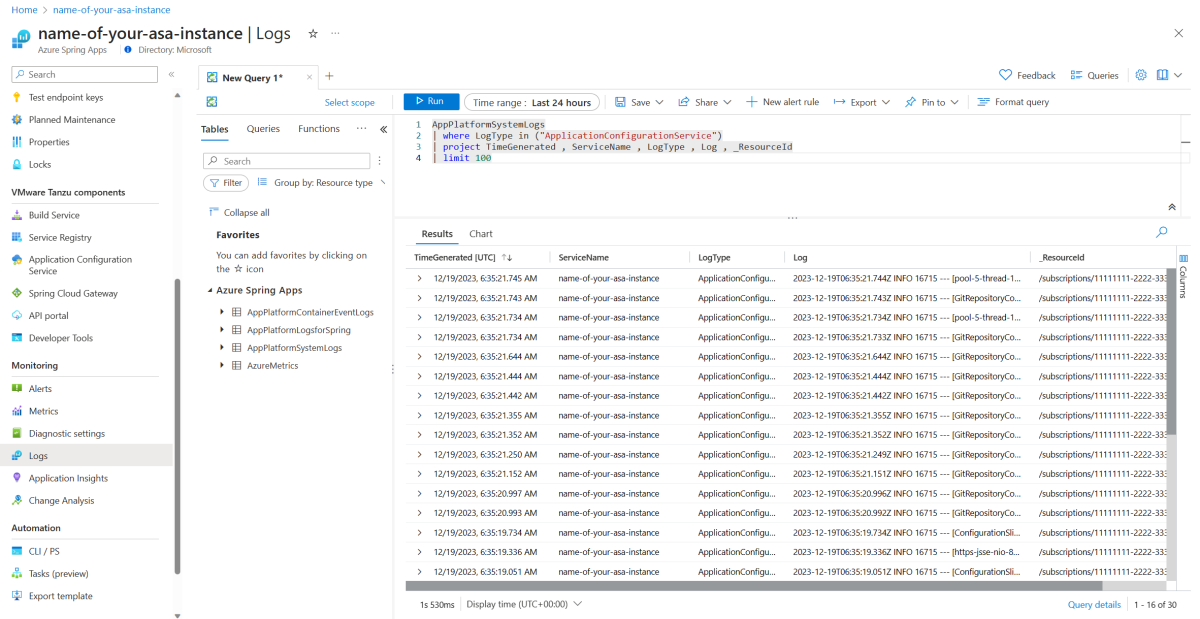Azure 门户中 application-configuration-service 日志的查询结果的屏幕截图。