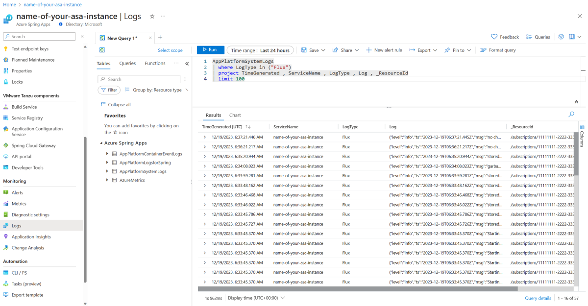 Azure 门户中 flux-source-controller 日志的查询结果的屏幕截图。