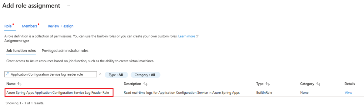 Azure 门户中显示“添加角色分配”页的屏幕截图,其中突出显示了“应用程序配置服务日志读者角色”名称。