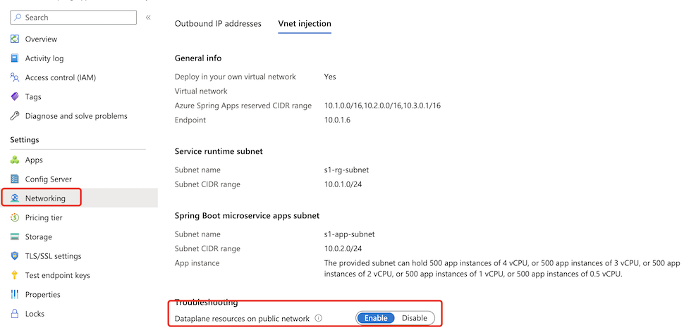 Azure 门户中显示“网络”页的屏幕截图,其中选择了“Vnet 注入”选项卡,并突出显示了“故障排除”部分。