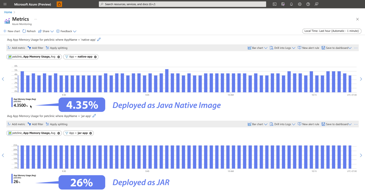 Azure Spring Apps 中本机映像部署的优化内存使用情况的屏幕截图。