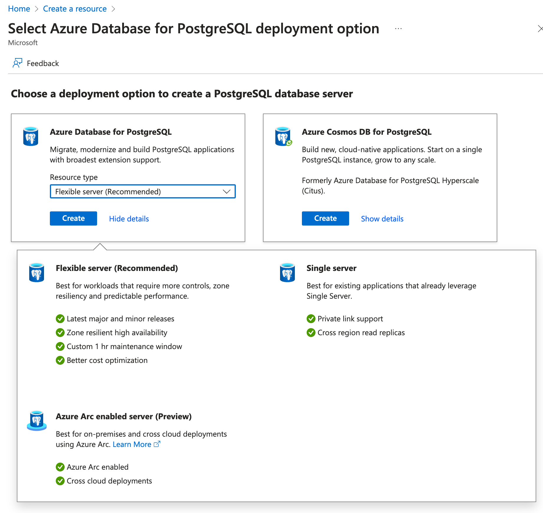 Azure 门户的屏幕截图,其中显示了“选择 Azure Database for PostgreSQL 部署选项”页。