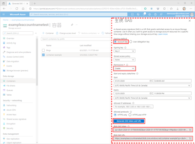 显示如何在 Azure 门户中为容器生成 SAS 的屏幕截图。