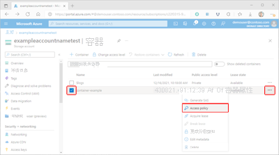 显示如何在 Azure 门户中访问容器存储的访问策略设置的屏幕截图。