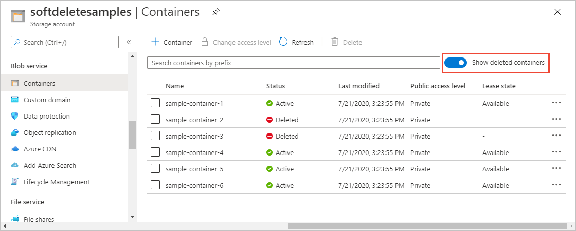 显示如何在 Azure 门户中查看软删除的容器的屏幕截图。