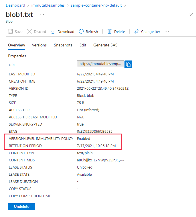 屏幕截图显示 Azure 门户中 blob 版本的不可变性策略属性