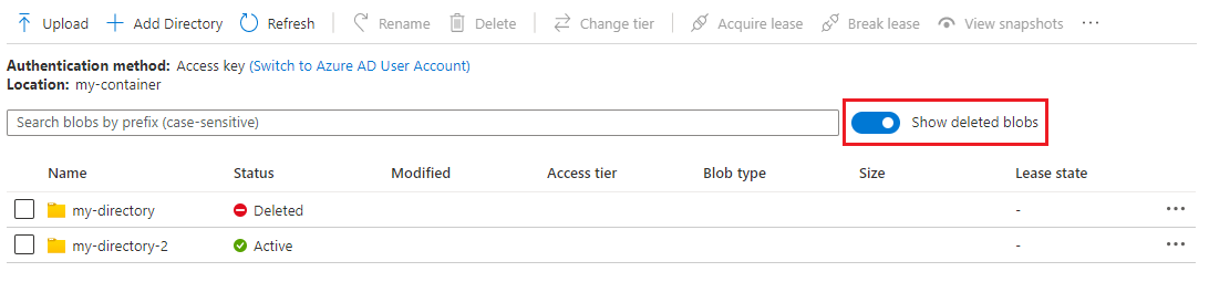 显示如何在 Azure 门户中列出软删除的 Blob(已启用分层命名空间的帐户)的屏幕截图。