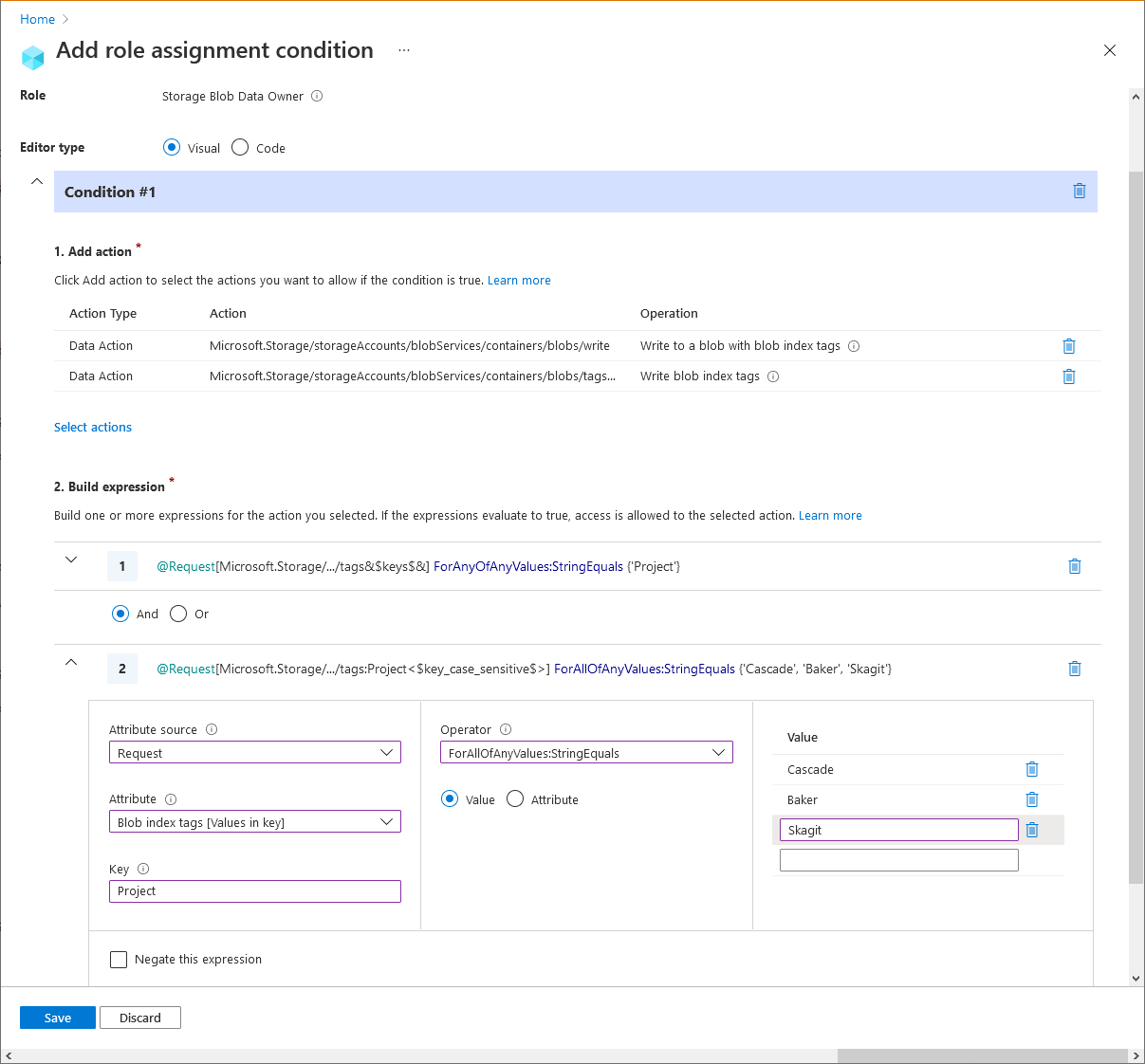 Azure 门户中条件编辑器的屏幕截图,显示了现有 Blob 必须具有 Blob 标记键和值。